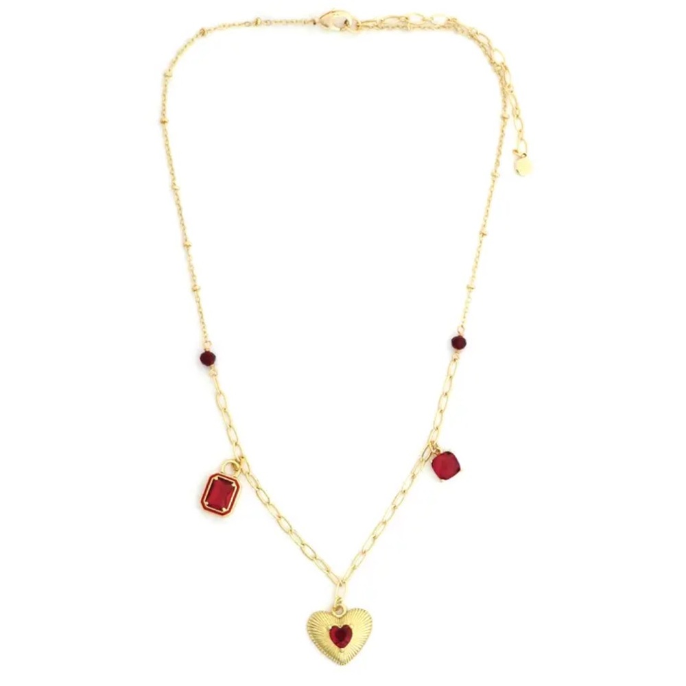 NEW PANACEA Crystal & Heart Shaker Necklace Gold and Red Pendant